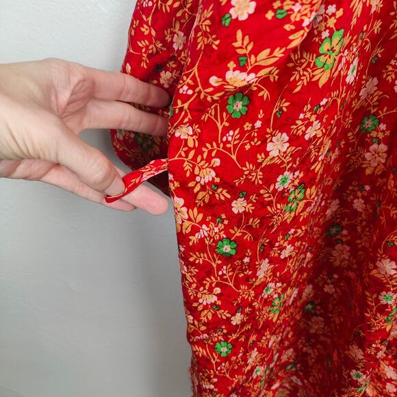 Vintage Athene Silk Robe Womens Small Red Micro Floral Boho Open Fit Festival‎ - Picture 4 of 8